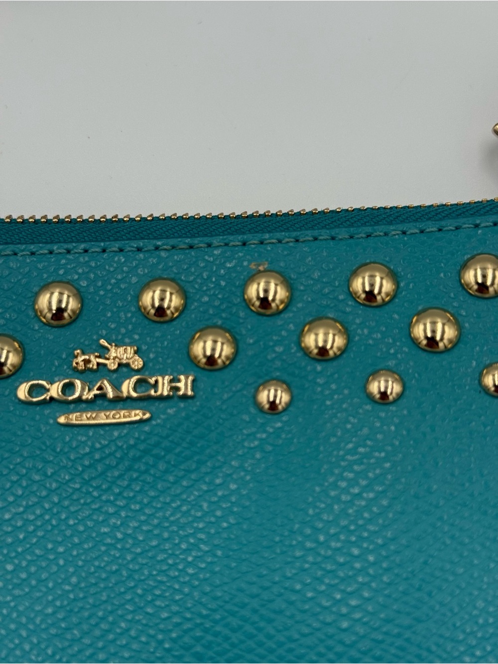 COACH Quinn Teal Leather Studded Crossbody with Gold Chain - Picture 8 of 9